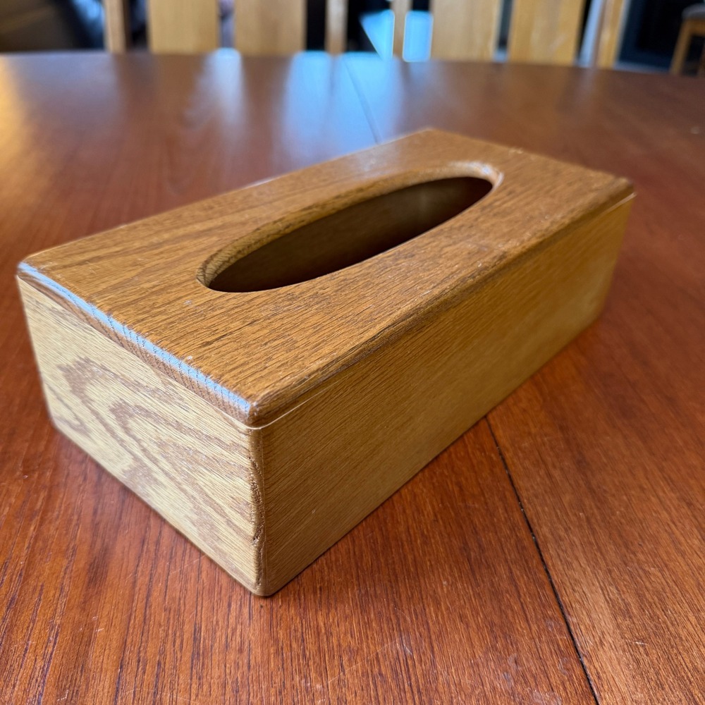 Vintage 70s Solid Oak Wood Tissue Box Cover Rectangular Farmhouse MCM Minimalist